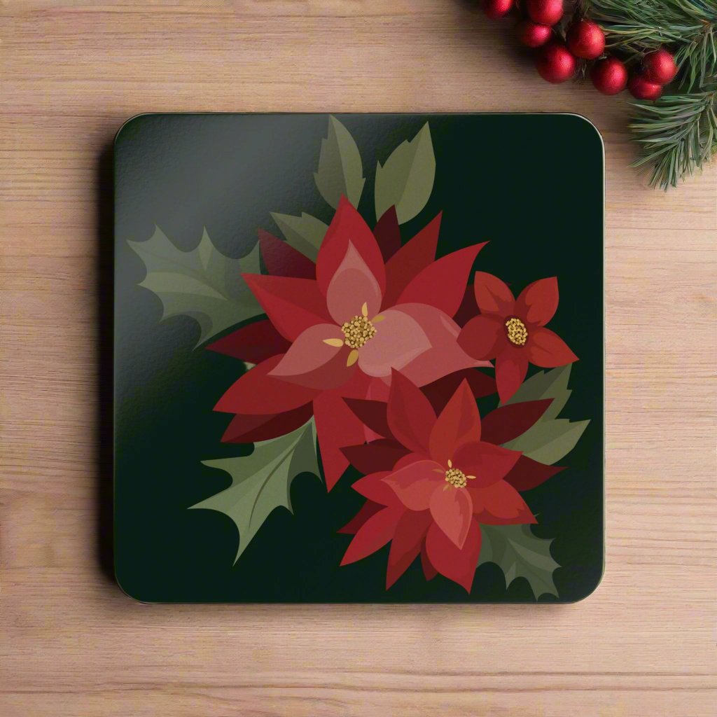 Puerto Rico Cork-back Coaster Set | PASCUAS NAVIDAD | CHRISTMAS POINSETTIAS | Exclusive Puerto Rico Gifts | Boricua Pride