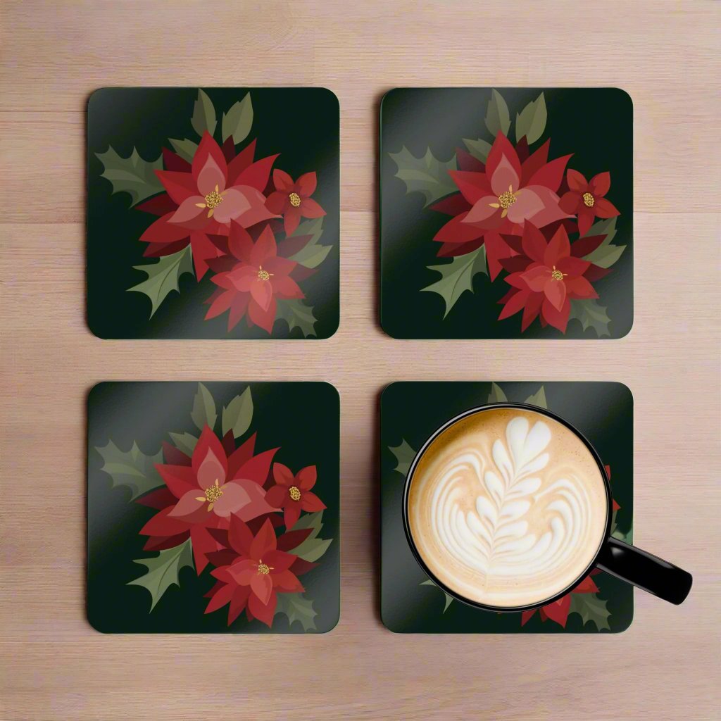 Puerto Rico Cork-back Coaster Set | PASCUAS NAVIDAD | CHRISTMAS POINSETTIAS | Exclusive Puerto Rico Gifts | Boricua Pride