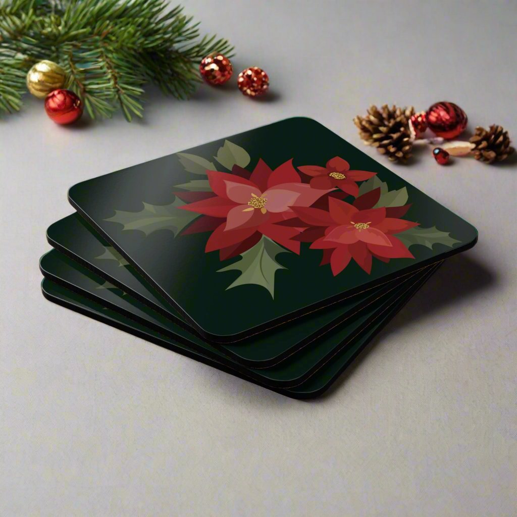 Puerto Rico Cork-back Coaster Set | PASCUAS NAVIDAD | CHRISTMAS POINSETTIAS | Exclusive Puerto Rico Gifts | Boricua Pride