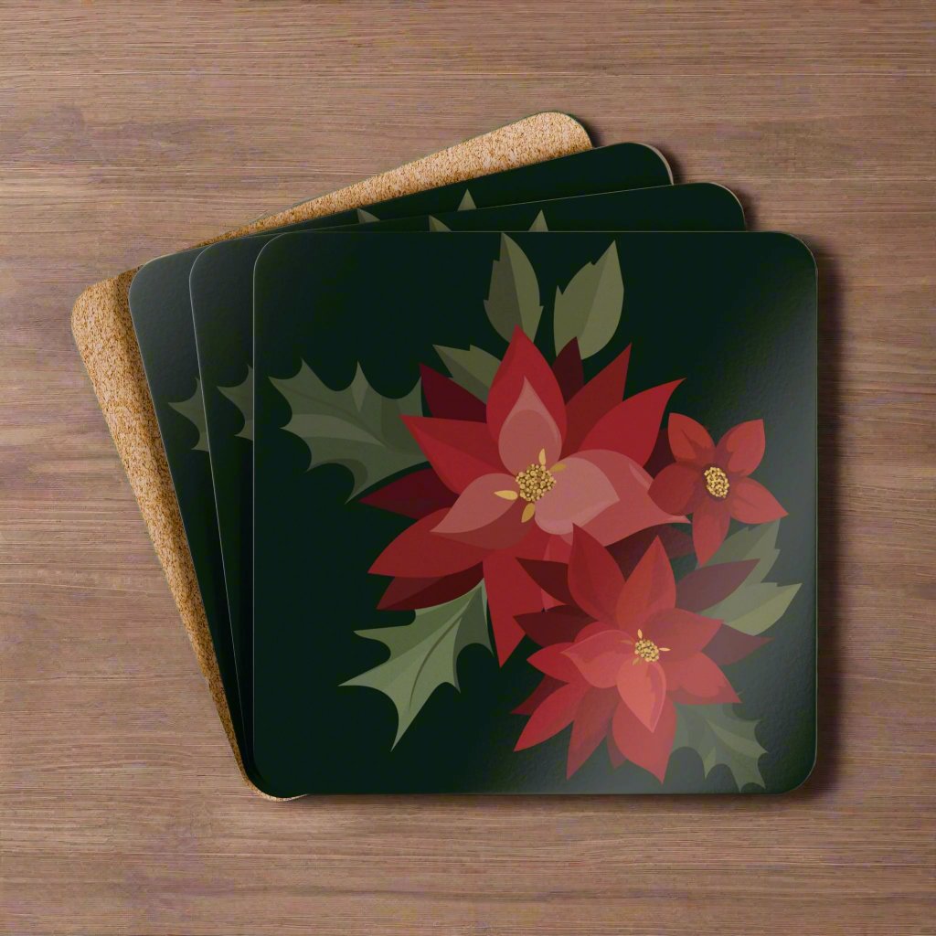 Puerto Rico Cork-back Coaster Set | PASCUAS NAVIDAD | CHRISTMAS POINSETTIAS | Exclusive Puerto Rico Gifts | Boricua Pride