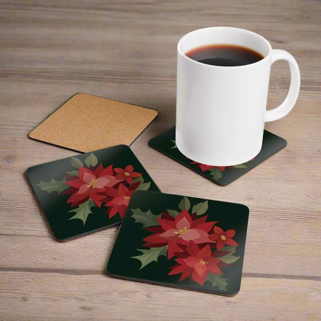 Puerto Rico Cork-back Coaster Set | PASCUAS NAVIDAD | CHRISTMAS POINSETTIAS | Exclusive Puerto Rico Gifts | Boricua Pride