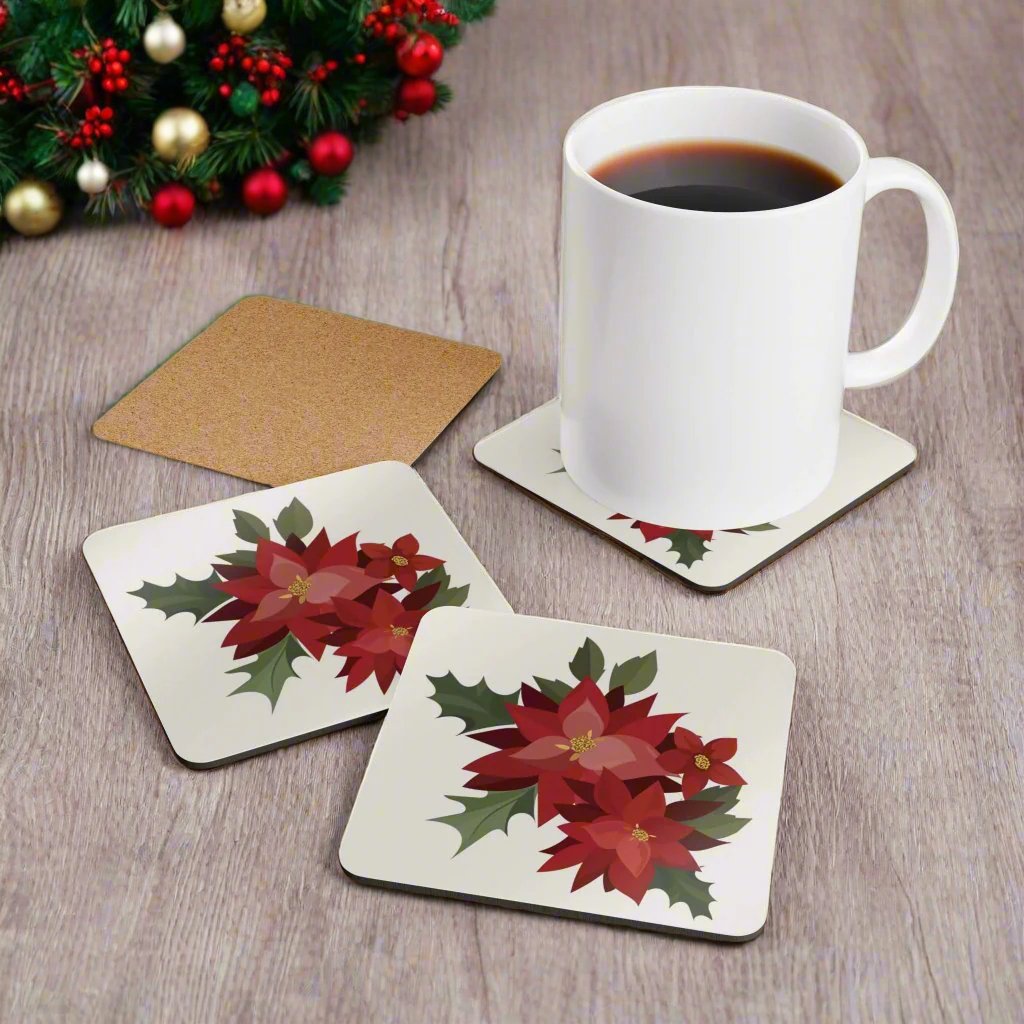 Puerto Rico Cork-back Coaster Set | PASCUAS NAVIDAD | CHRISTMAS POINSETTIAS | Exclusive Puerto Rico Gifts | Boricua Pride