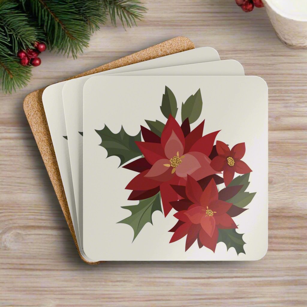 Puerto Rico Cork-back Coaster Set | PASCUAS NAVIDAD | CHRISTMAS POINSETTIAS | Exclusive Puerto Rico Gifts | Boricua Pride