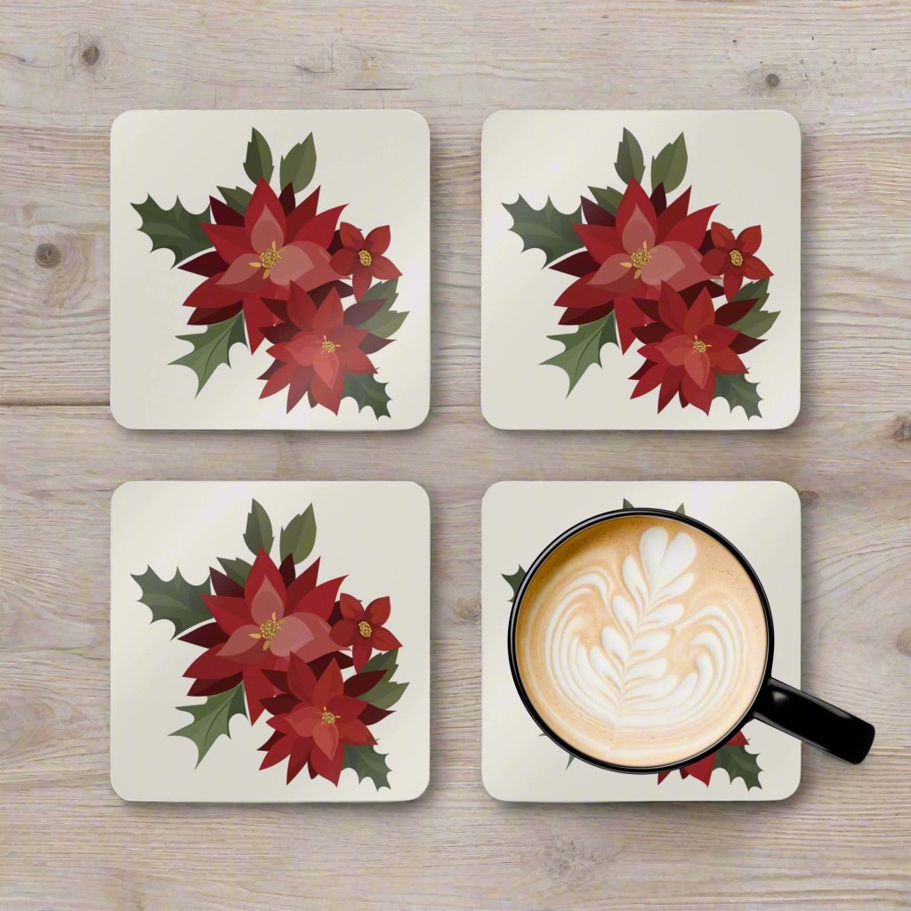 Puerto Rico Cork-back Coaster Set | PASCUAS NAVIDAD | CHRISTMAS POINSETTIAS | Exclusive Puerto Rico Gifts | Boricua Pride