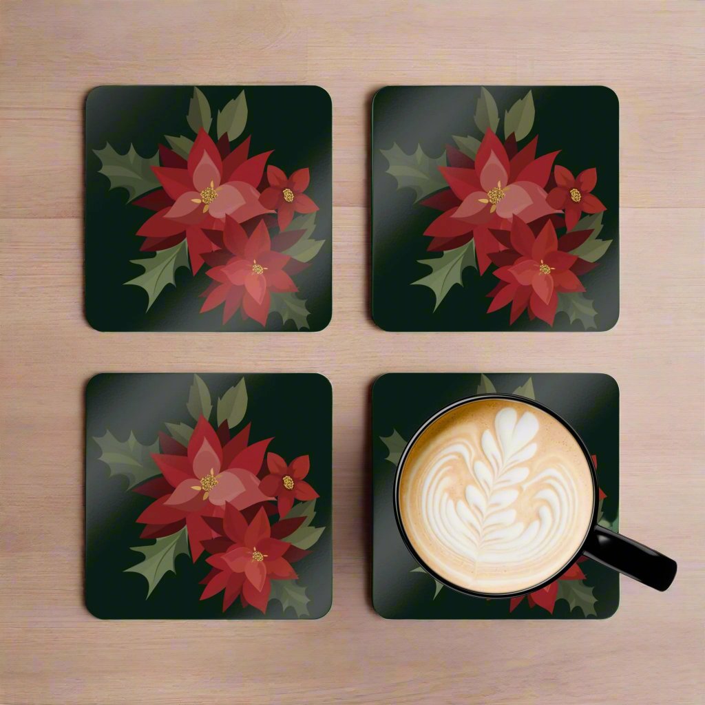 Puerto Rico Cork-back Coaster Set  | PASCUAS NAVIDAD | CHRISTMAS POINSETTIAS | Exclusive Puerto Rico Gifts | Boricua Pride